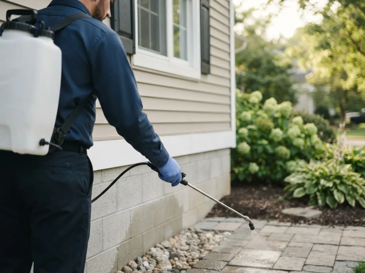 Pest control technician inspecting a home in Bridgeport, NY